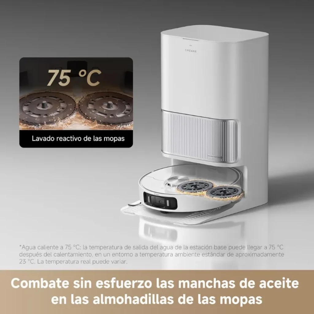 Base de carga blanca con depósito beige y robot Dreame L40s Pro Ultra; diseño minimalista, módulo láser frontal y dock alto para vaciado y mantenimiento - Ítem8
