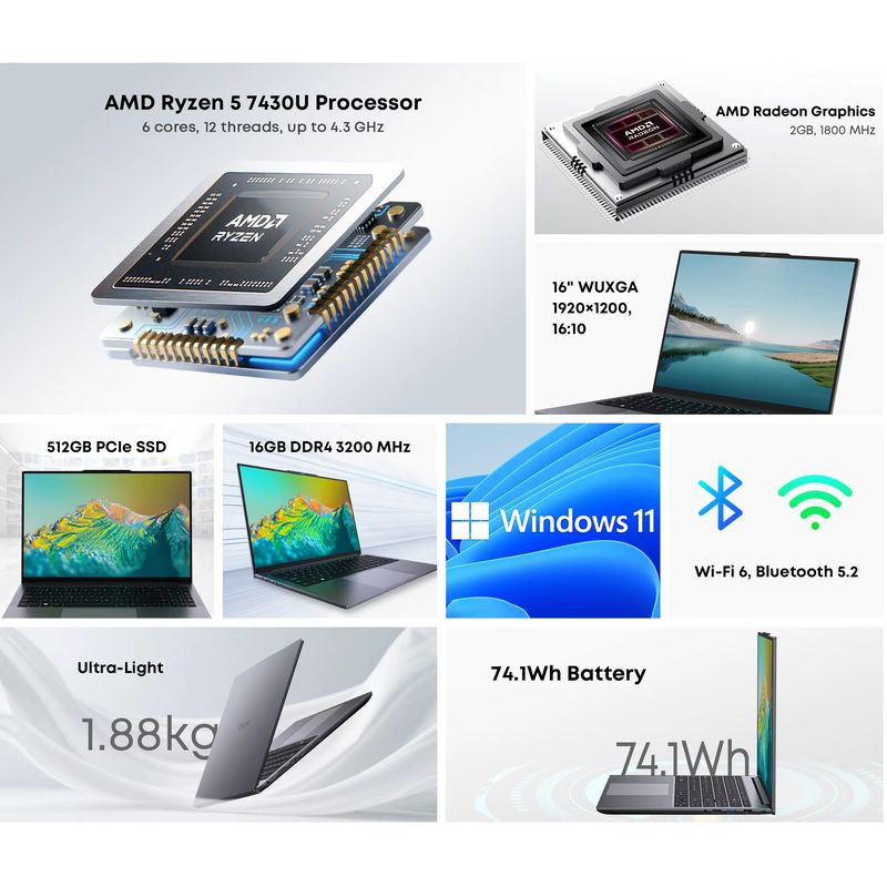 Chuwi CoreBook Plus 16 pouces fin et métal, écran bord à bord lumineux, webcam centrée, clavier noir large avec grand trackpad, design élégant gris foncé - Ítem1