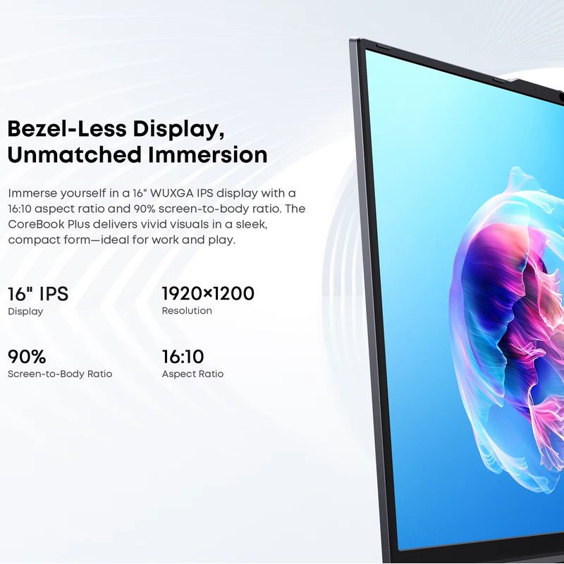 Chuwi CoreBook Plus 16 pouces fin et métal, écran bord à bord lumineux, webcam centrée, clavier noir large avec grand trackpad, design élégant gris foncé - Ítem2