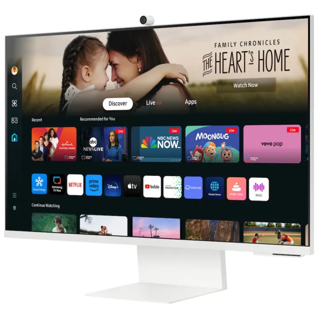 Monitor Samsung M8 M80D 32 pulgadas 4K UHD 60 Hz en color blanco, diseño minimalista con base rectangular, marco fino, cámara superior y control remoto - Ítem1