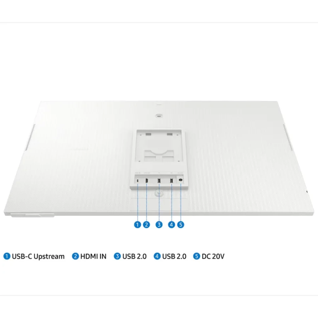 Monitor Samsung M8 M80D 32 pulgadas 4K UHD 60 Hz en color blanco, diseño minimalista con base rectangular, marco fino, cámara superior y control remoto - Ítem10