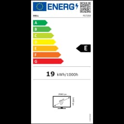Etiqueta de eficiência energética UE do monitor DELL Pro 34 Plus P3425WE, classe E. Consumo 19 kWh/1000h, resolução 3440x1440, tela curva 34,1 polegadas