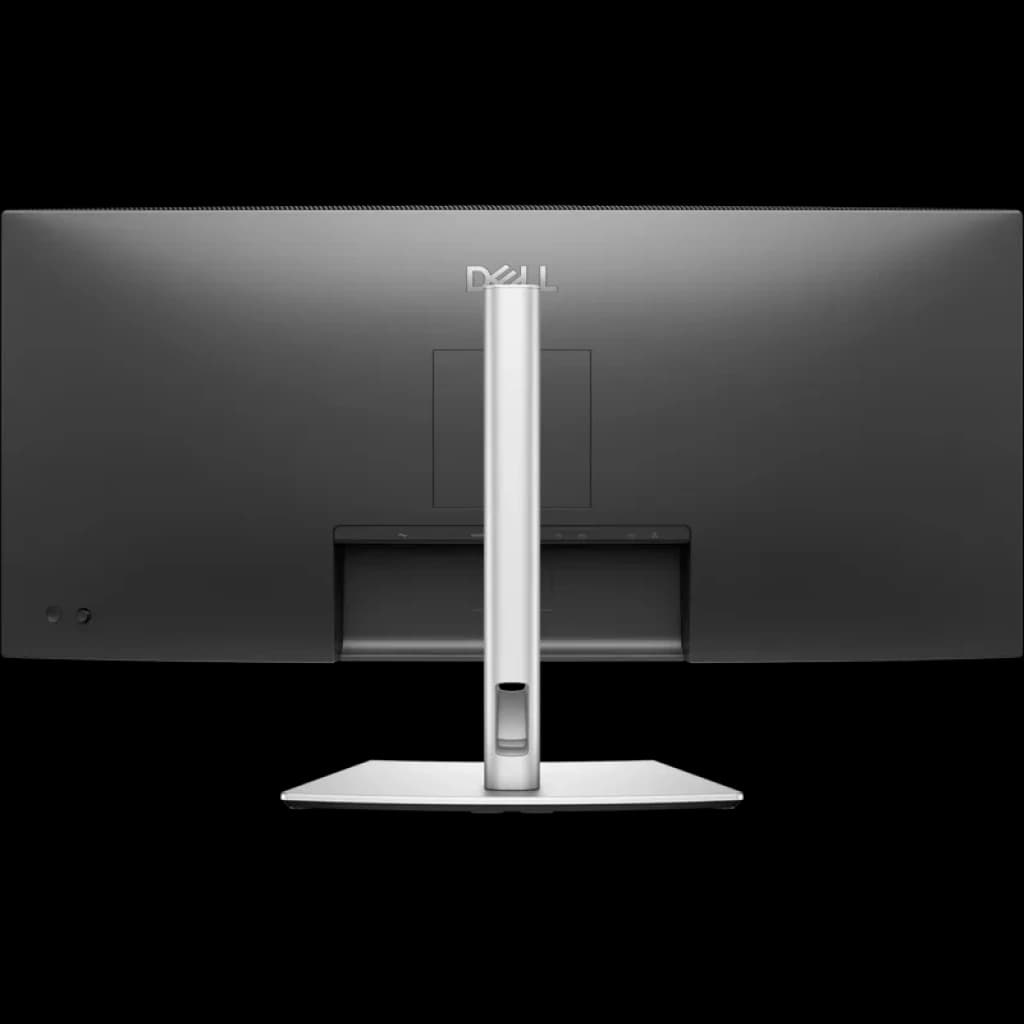 Parte traseira do monitor DELL Pro 34 Plus P3425WE: corpo preto com suporte cinza ajustável, base ampla em metal e saídas para cabos organizadas