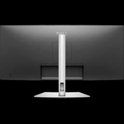 Parte traseira do monitor DELL Pro 34 Plus P3425WE: corpo preto com suporte cinza ajustável, base ampla em metal e saídas para cabos organizadas