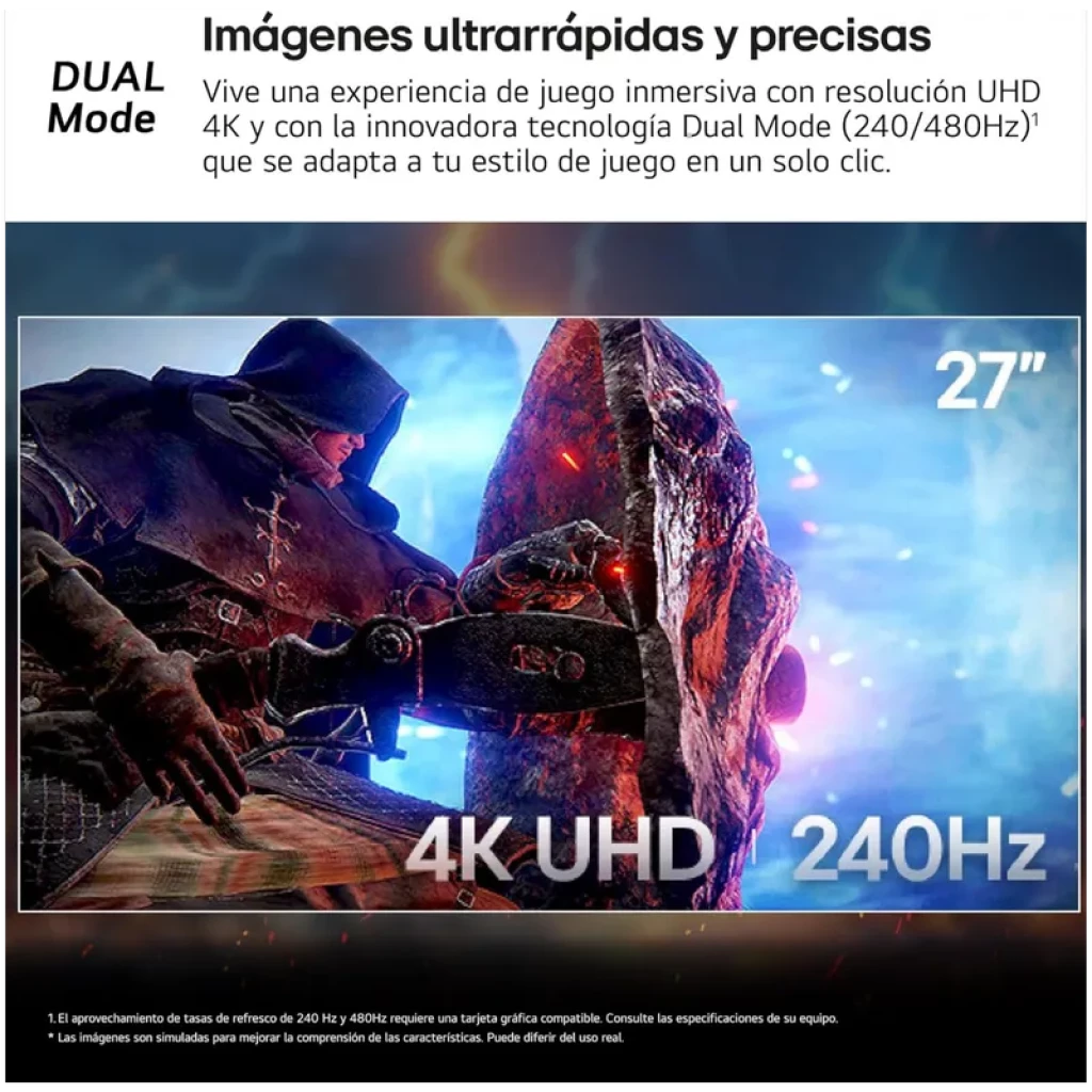 Monitor LG UltraGear 27G850A-B 27 pulgadas, panel Nano IPS Black, 4K UHD 3840x2160, 240 Hz a 480 Hz en Dual-Mode, 1 ms GtG, diseño gaming con logo VG - Ítem4