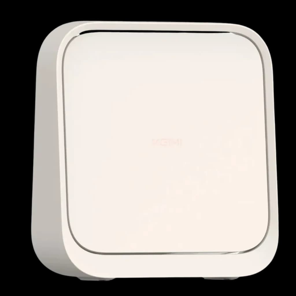 Boîtier carré blanc aux bords arrondis Xgimi Elfin Flip Mini WK03C, finition mate, liseré métallique discret, design compact avec support intégré