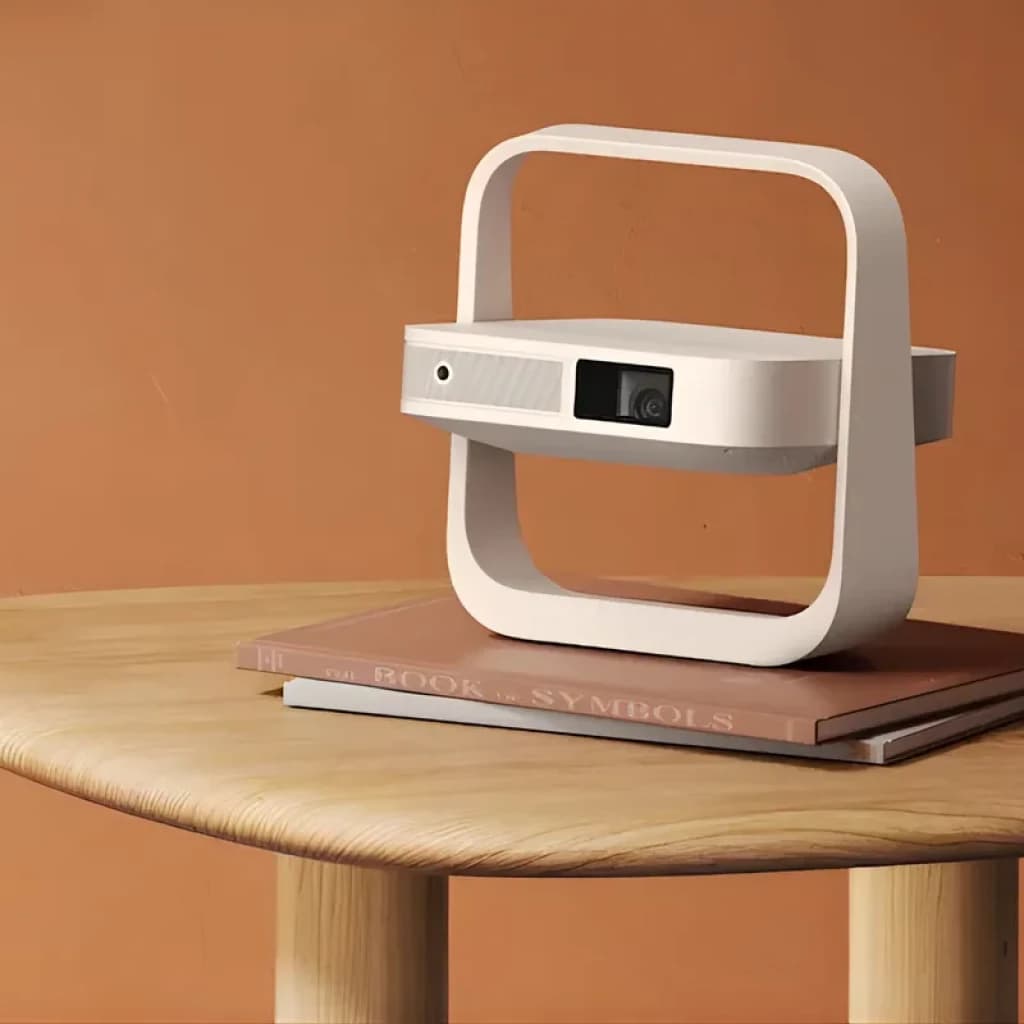 Xgimi Elfin Flip Mini WK03C Blanc, projecteur portable Full HD avec cadre support intégré pivotant, design minimaliste crème posé sur livres, lentille