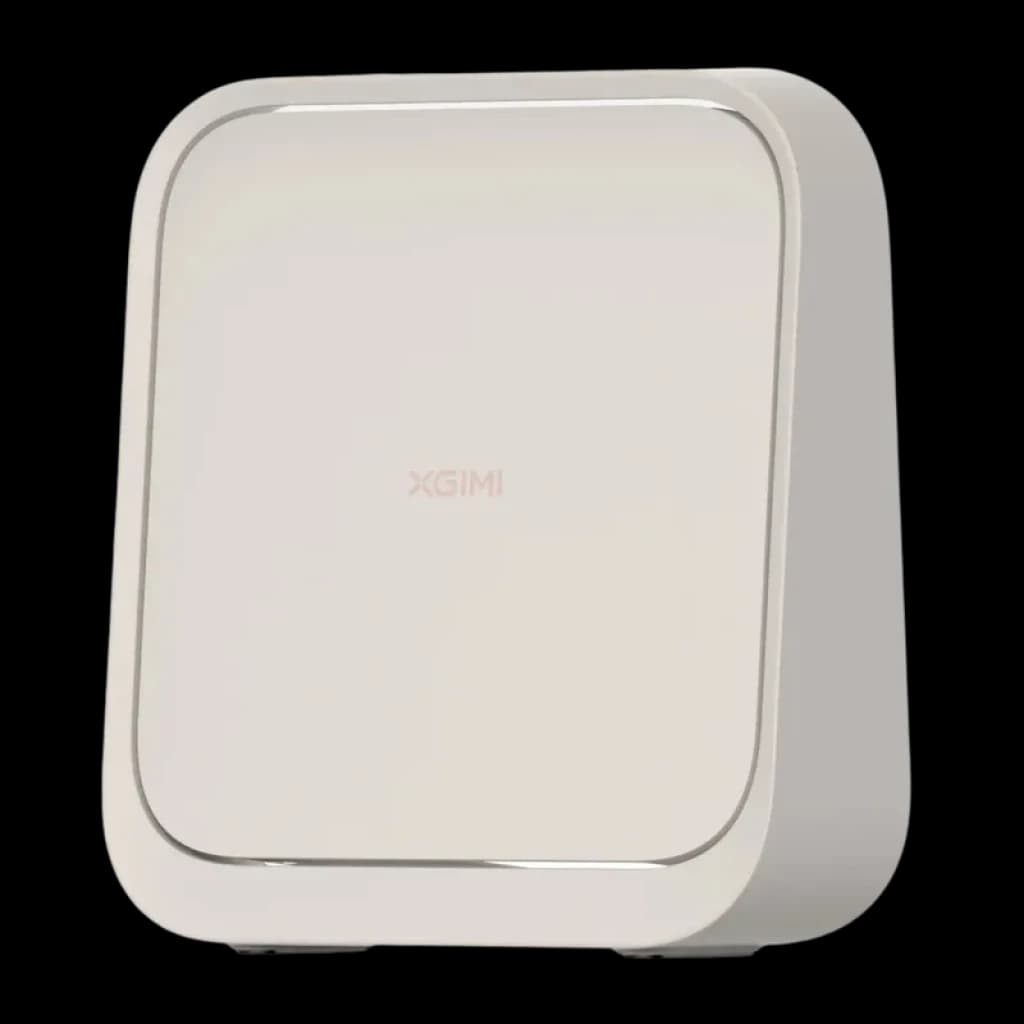 Boîtier blanc compact à bords arrondis Xgimi Elfin Flip Mini WK03C, façade lisse avec liseré métallique, support intégré pour projecteur portable Full HD