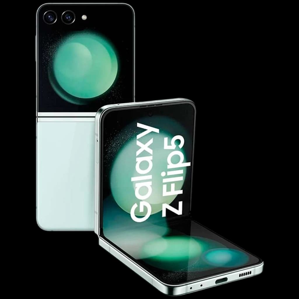 Samsung Galaxy Z Flip5 5G verde, plegable tipo concha, doble pantalla con panel externo grande, bisagra metálica, cámara dual trasera, 8GB RAM 256GB Renovado