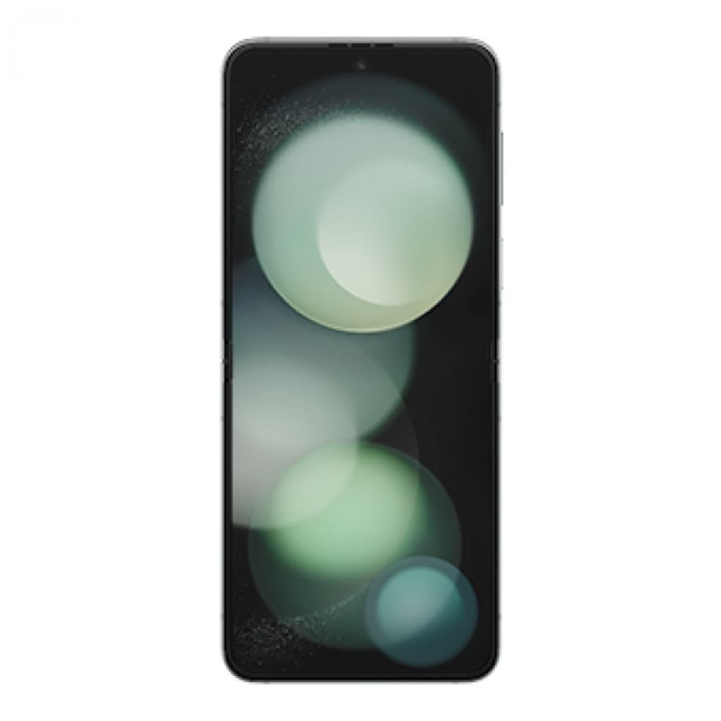 Samsung Galaxy Z Flip5 5G verde renovado en buen estado, pantalla principal plegable abierta con bordes finos y cámara frontal en orificio central, 8GB RAM y