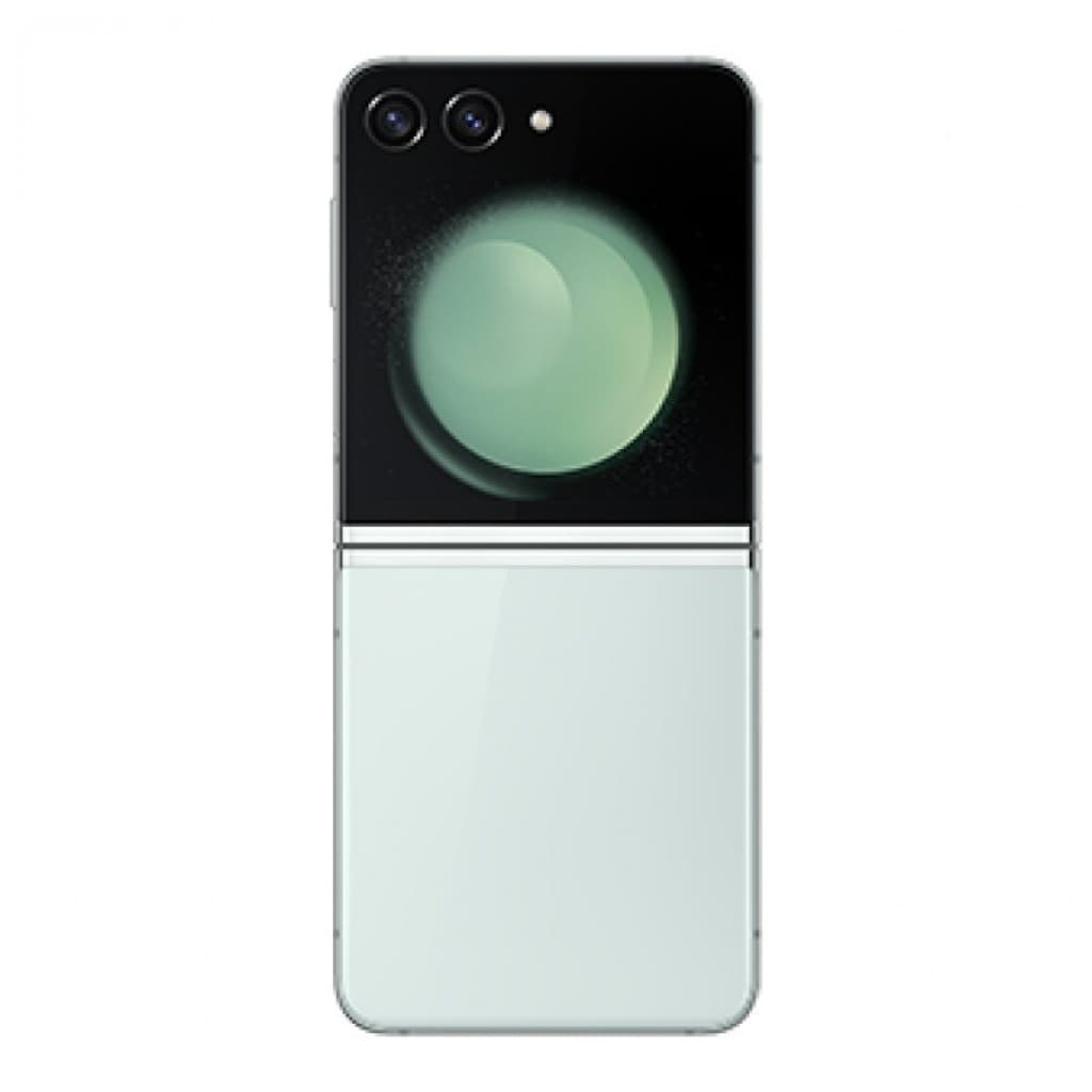 Samsung Galaxy Z Flip5 5G verde renovado en buen estado, formato plegable, tapa bicolor con pantalla externa y doble cámara trasera alineada horizontalmente