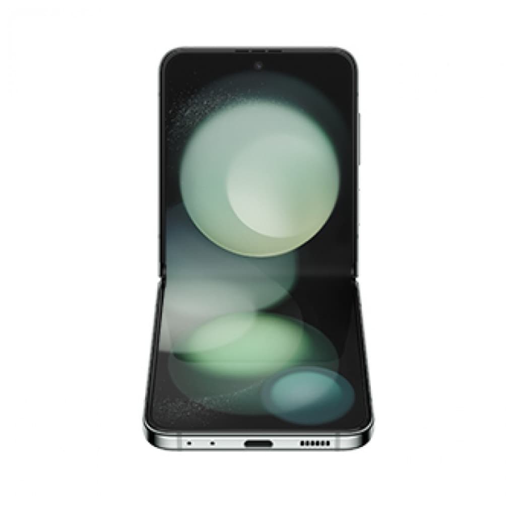 Samsung Galaxy Z Flip5 5G verde renovado en buen estado, plegable tipo concha, pantalla interna grande, borde metálico plateado y puerto USB-C inferior
