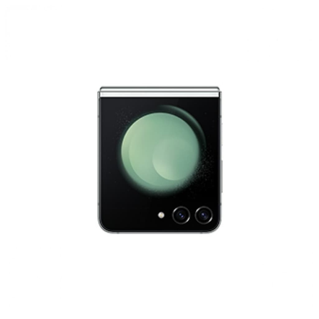 Samsung Galaxy Z Flip5 5G verde renovado en buen estado, plegado con pantalla externa activa y doble cámara trasera visible en esquina inferior derecha