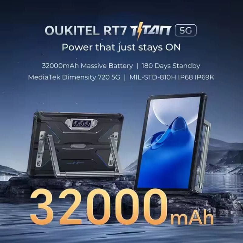 Oukitel RT7 Titan 10.1 5G tablette robuste noire, écran 10,1 pouces, triple caméra arrière, cadre renforcé MIL-STD-810H, IP68 IP69K, batterie 32000 mAh