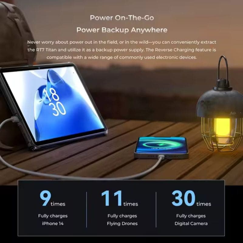 Oukitel RT7 Titan 10.1 tablette robuste noire avec écran 10,1 pouces, ports latéraux, support intégré et câble reliant un power bank pour recharge inverse