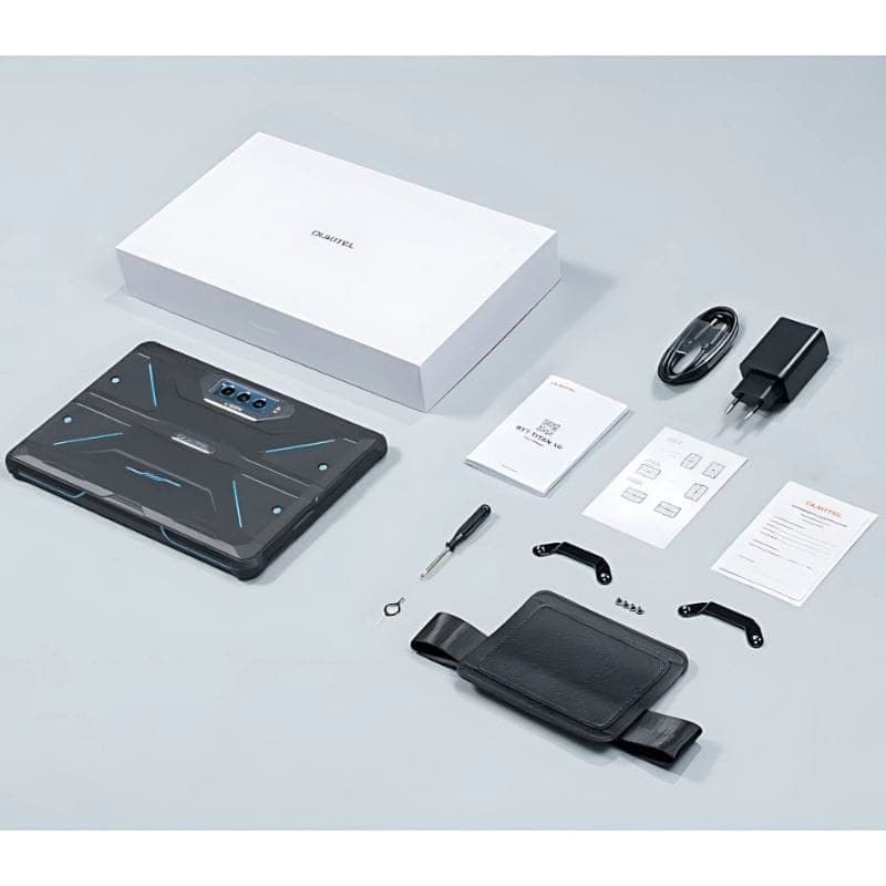 Oukitel RT7 Titan 10.1 noir robuste, coques renforcées, accents bleus, caméra arrière triple, sangle main, visserie, tournevis, chargeur et câbles inclus