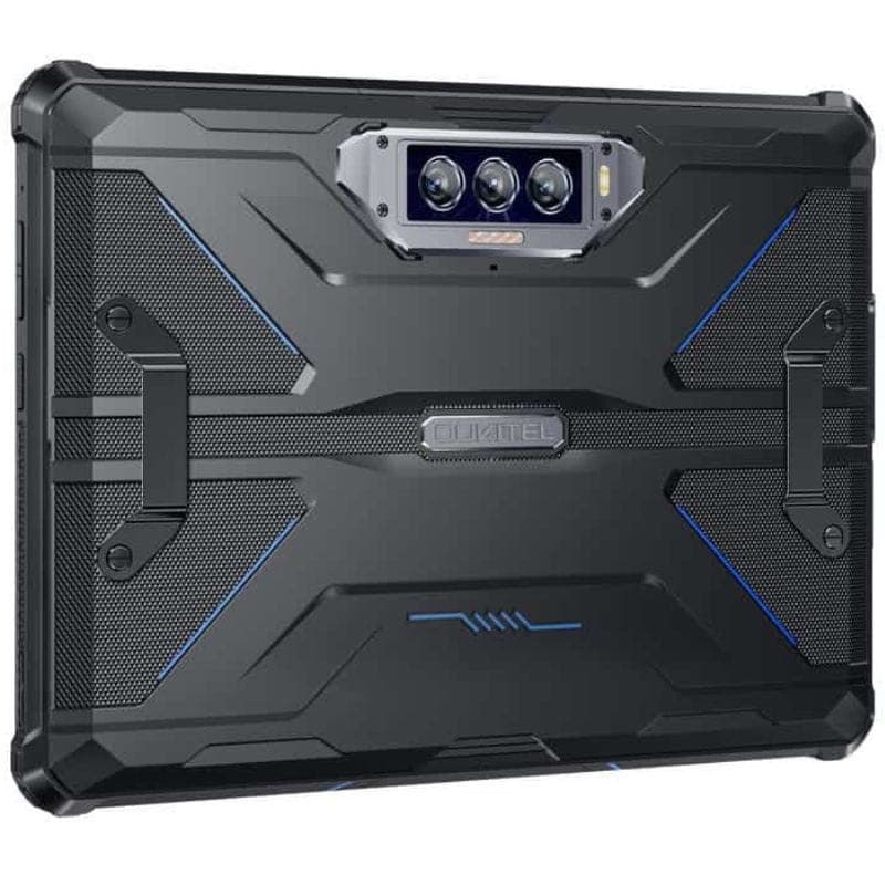 Oukitel RT7 Titan 10.1 tablette rugged noire, dos robuste texturé, coins renforcés, accents bleus, triple caméra arrière protégée, poignées latérales
