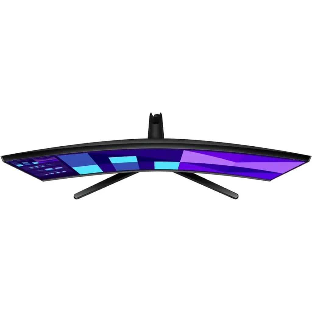 Samsung S39GD 27 Full HD curvo preto visto de cima, tela 100 Hz com bordas finas e base em X, design slim e curvatura imersiva
