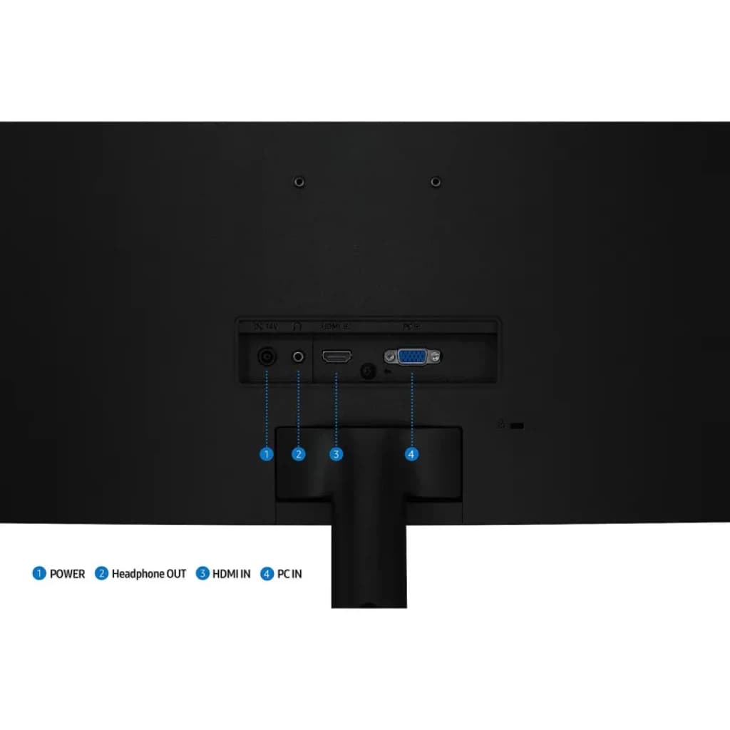 Traseira do monitor Samsung S39GD 27 Full HD curvo preto com portas HDMI, VGA, saída de fones e alimentação; taxa de 100 Hz e resposta de 4 ms