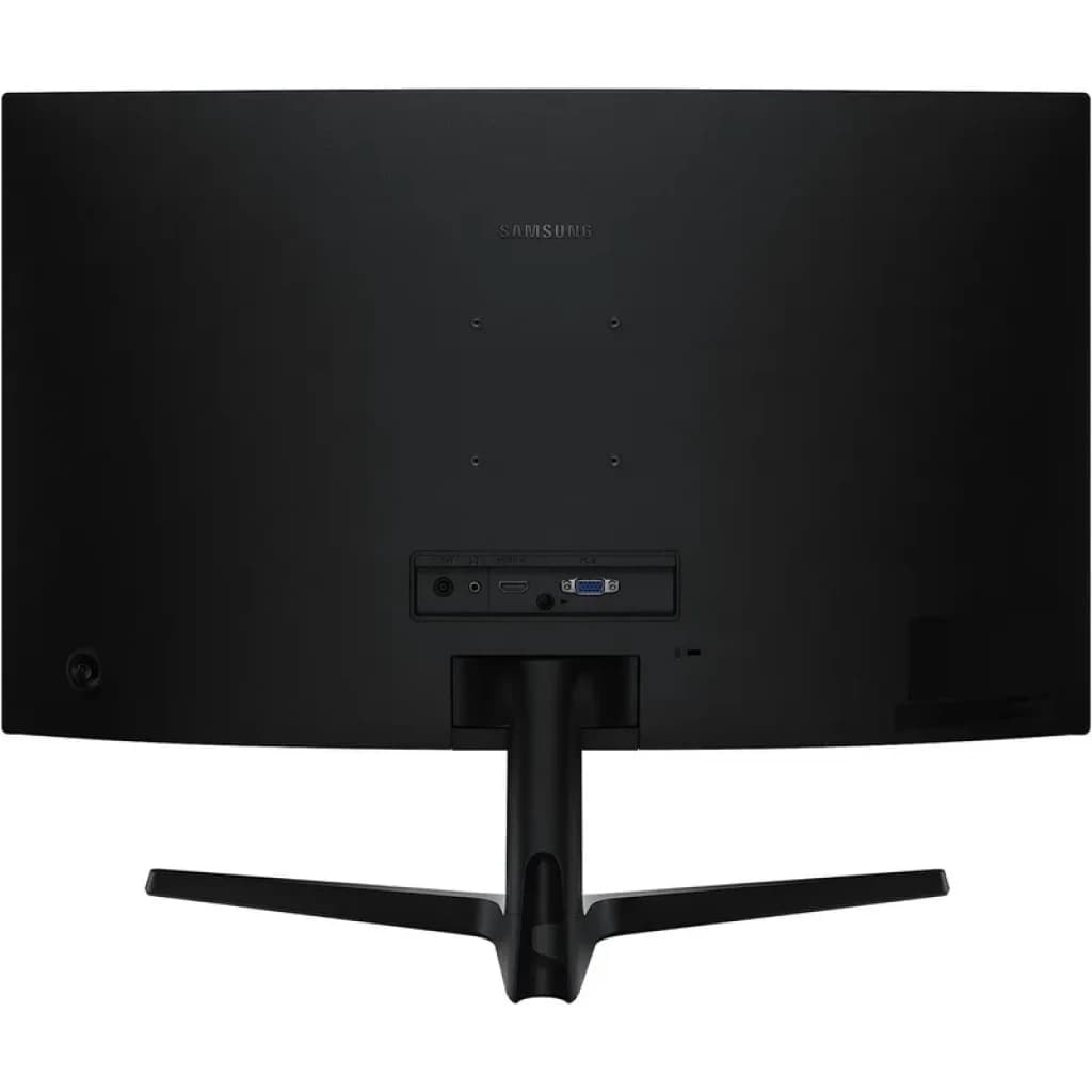 Samsung S39GD monitor curvo preto, 27 polegadas, perfil lateral fino, base em V robusta, acabamento fosco, ideal para setups modernos e limpos