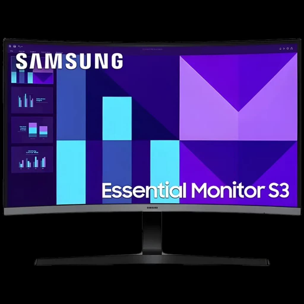 Samsung S39GD 27 Full HD curvo preto com bordas finas, tela ampla e suporte metálico em Y, ideal para gráficos nítidos e navegação fluida a 100 Hz, 4 ms