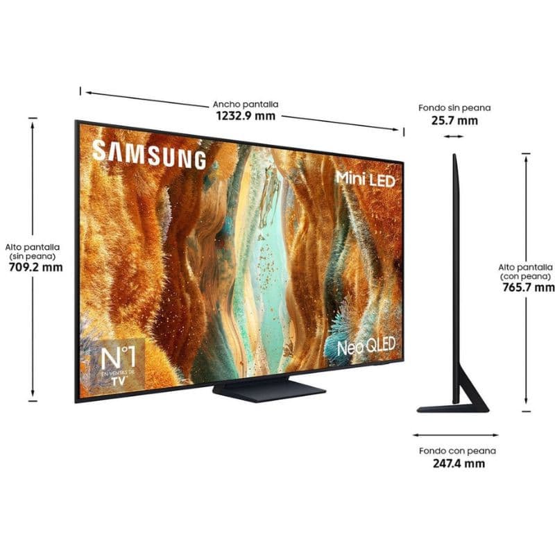 Samsung TQ55QN70FAU 55" 4K Ultra HD Neo QLED Smart TV Negro, medidas de la TV en cm, vista frontal y lateral