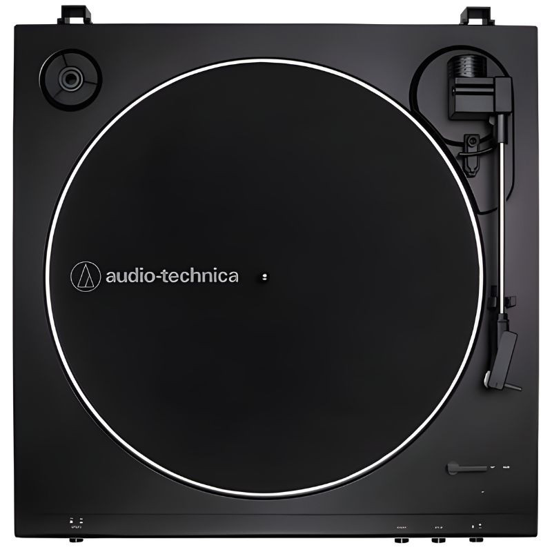 Audio Technica AT-LP60X - Platine vinyle noire avec capot transparent relevé, plateau circulaire, bras droit avec cellule, boutons frontaux et design épuré - Ítem2