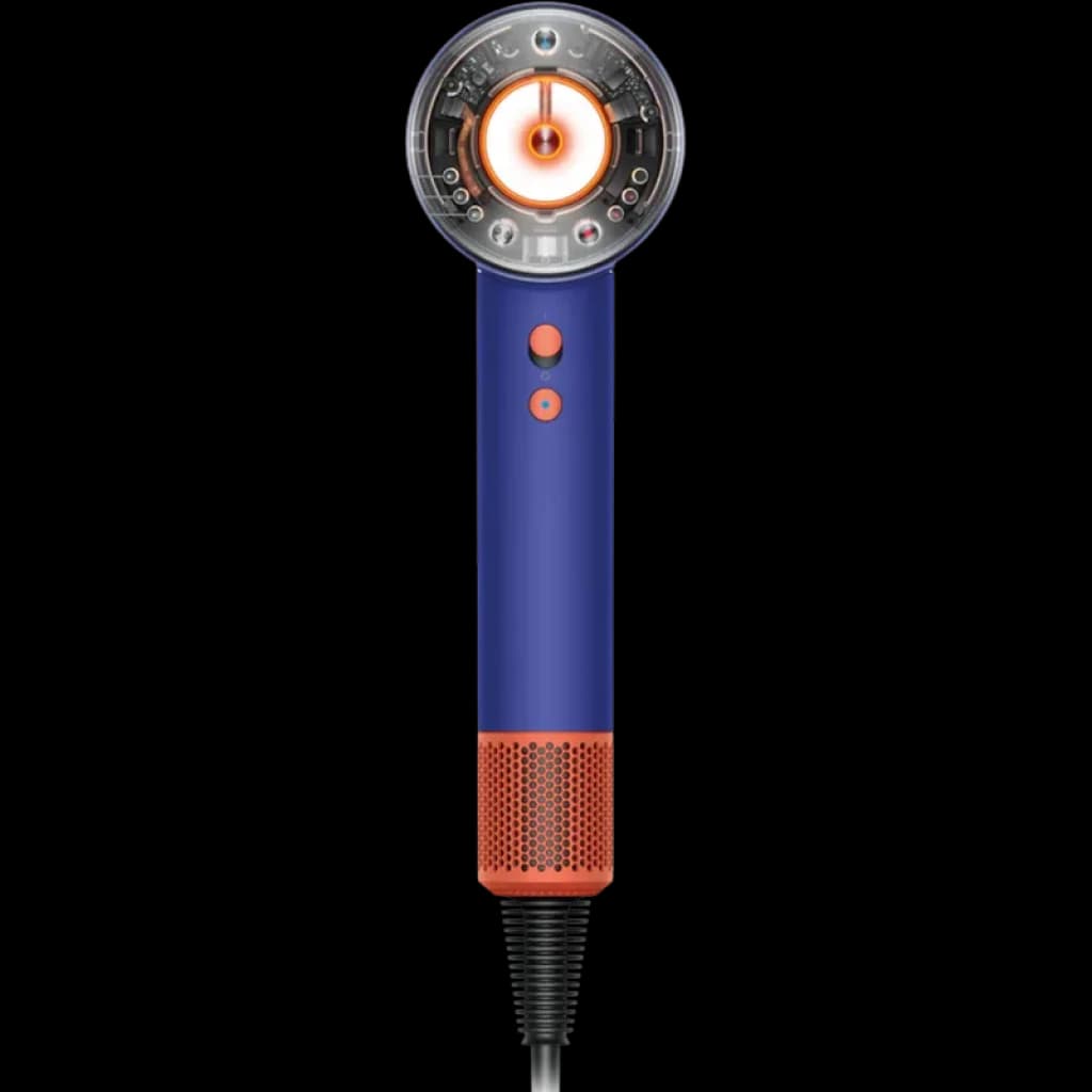 Dyson Supersonic Nural HD16 en azul cerámico con detalles naranja, cuerpo cilíndrico, rejilla metálica inferior y anillo frontal luminoso con sensores