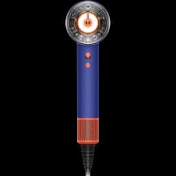 Dyson Supersonic Nural HD16 en azul cerámico con detalles naranja, cuerpo cilíndrico, rejilla metálica inferior y anillo frontal luminoso con sensores