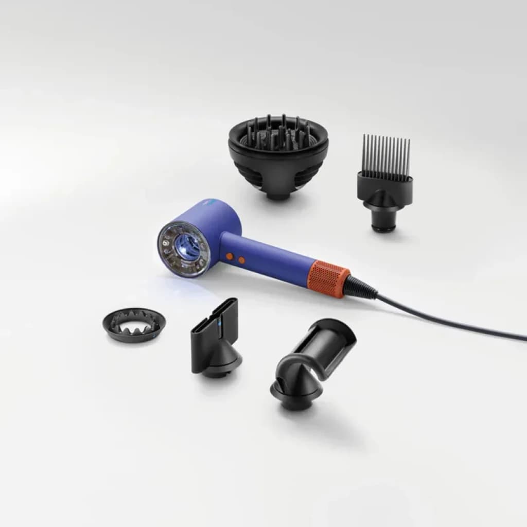 Dyson Supersonic Nural HD16 Ceramic Blue, secador azul con anillo naranja, boquillas de peinado, difusor, peine y accesorios magnéticos intercambiables