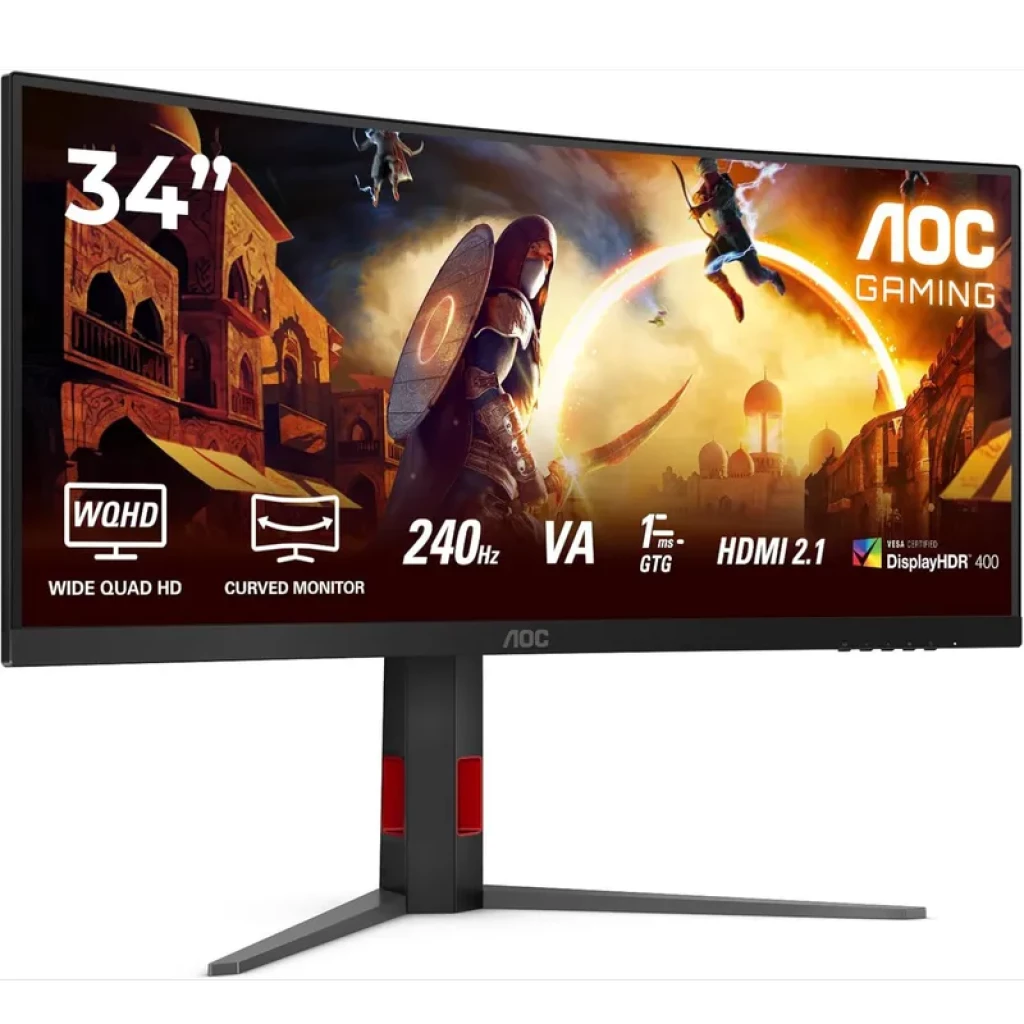 Monitor AOC CU34G4Z 34 polegadas ultrawide curvo, painel VA, 240 Hz, 1 ms, WQHD, HDMI 2.1, HDR400, design preto com detalhe vermelho ideal para jogos - Item1