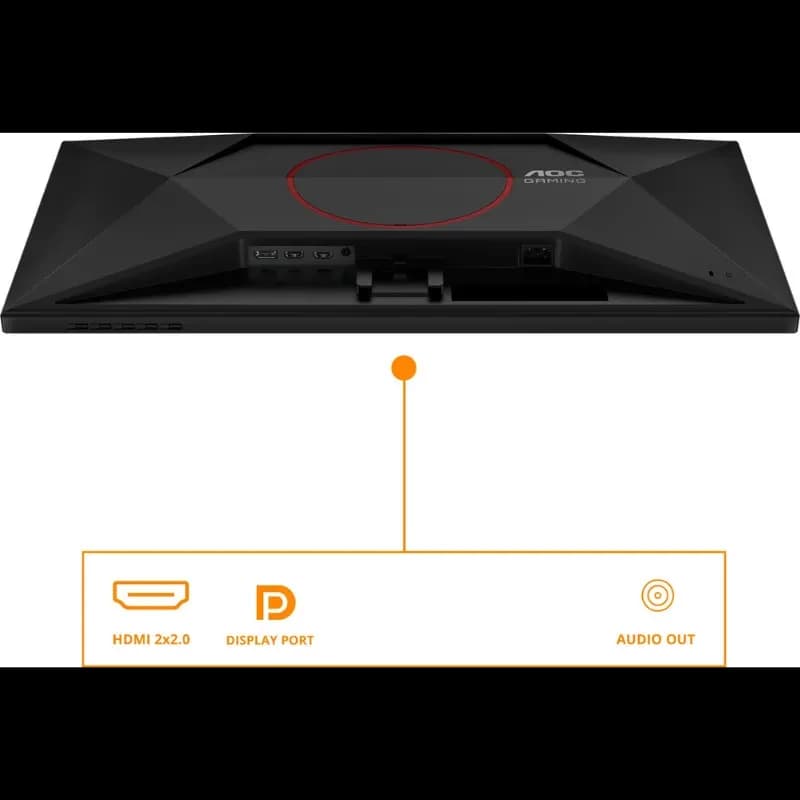 Parte trasera del monitor AOC G4 Q27G42XNE con diseño geométrico negro, aro rojo y puertos HDMI 2.0, DisplayPort y salida de audio en el centro