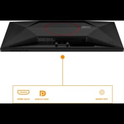Parte trasera del monitor AOC G4 Q27G42XNE con diseño geométrico negro, aro rojo y puertos HDMI 2.0, DisplayPort y salida de audio en el centro