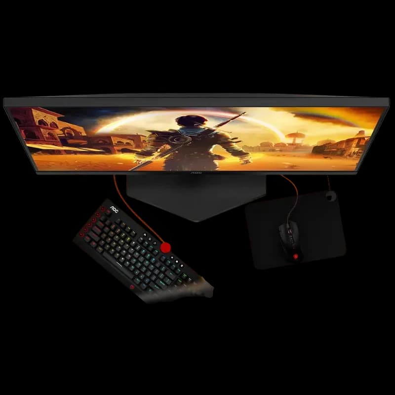 Monitor gaming AOC G4 Q27G42XNE 27 pulgadas, biseles finos, soporte angular robusto; teclado mecánico RGB y ratón con alfombrilla incluidos en escena