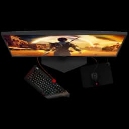 Monitor gaming AOC G4 Q27G42XNE 27 pulgadas, biseles finos, soporte angular robusto; teclado mecánico RGB y ratón con alfombrilla incluidos en escena