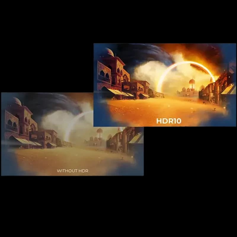 Comparativa de pantalla con HDR10 frente a sin HDR: colores más vivos, mayor contraste y detalles mejor definidos en escenas de juego y paisajes