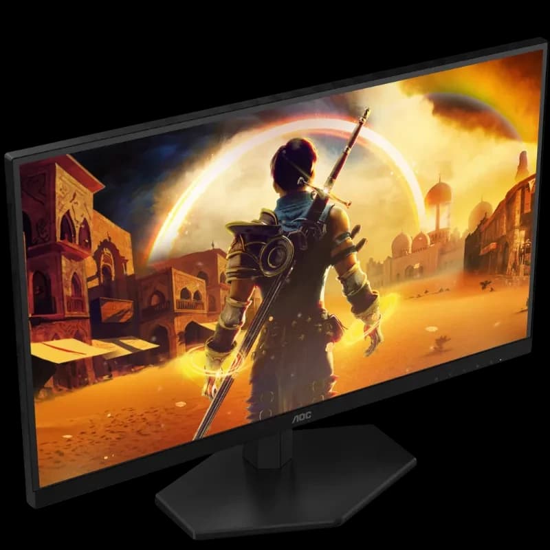 AOC G4 Q27G42XNE 27 pulgadas Quad HD con biseles delgados, panel Fast VA, peana angular negra y pantalla mostrando juego vibrante con HDR10 y 180 Hz
