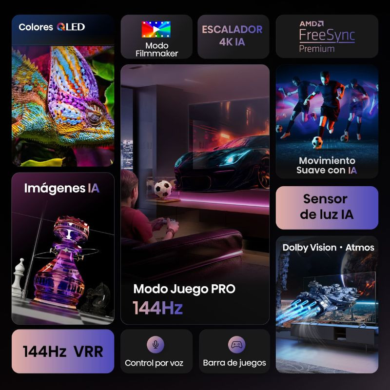 Hisense 100E7Q PRO 100 pulgadas QLED 4K negro con marcos finos, soporte doble y panel promocional: 144Hz, Game Mode Pro, AI Picture, audio 2.1 con subwoofer - Ítem2