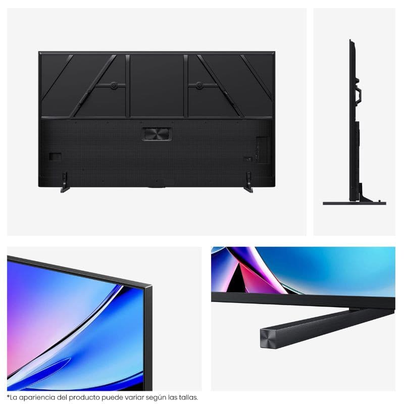 Hisense 100E7Q PRO 100 pulgadas 4K QLED negro con marco delgado, bisel mínimo, perfil ultrafino y base metálica robusta; pantalla vibrante y nítida