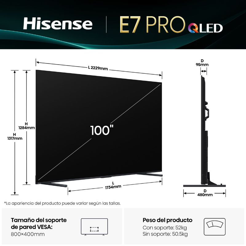 Hisense 100E7Q PRO 100 pulgadas QLED 4K negro con marcos finos, soporte doble y panel promocional: 144Hz, Game Mode Pro, AI Picture, audio 2.1 con subwoofer - Ítem6