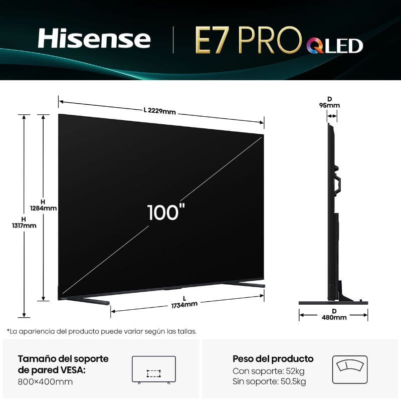 Hisense 100E7Q PRO 100 pulgadas QLED 4K UHD negro, marco delgado, perfil ultrafino, soporte central elegante. Medidas y peso para montaje VESA 800x400 mm