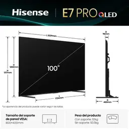 Hisense 100E7Q PRO 100 pulgadas QLED 4K UHD negro, marco delgado, perfil ultrafino, soporte central elegante. Medidas y peso para montaje VESA 800x400 mm