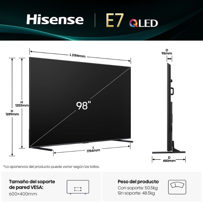 Hisense 98E7Q 98 polegadas QLED 4K com tela ampla sem bordas, cores vibrantes, Game Mode PRO 144 Hz e subwoofer integrado na cor preta - Item5