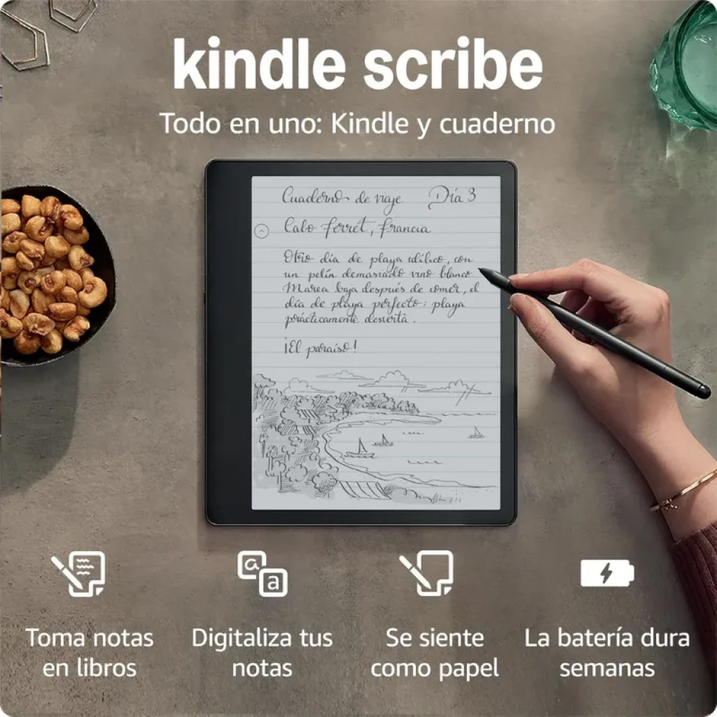Kindle Scribe 10,2 pouces avec stylet haut de gamme, grand écran e-ink pour lire et écrire, étui intégré servant de support, notes manuscrites et croquis clairs - Ítem1