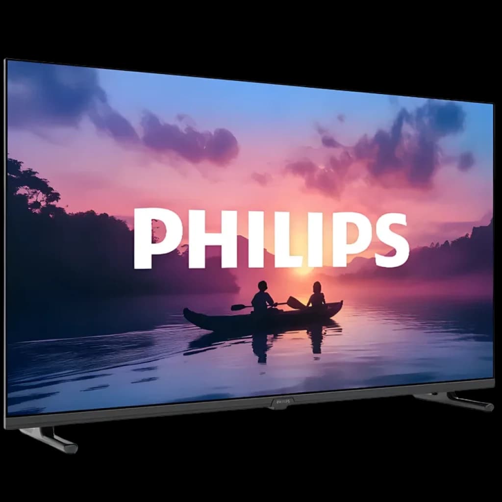 Philips 32PFS6000/12 32 pouces Full HD écran plat noir, cadre fin, pieds métalliques, image nette HDR10, logo Philips sur scène coucher de soleil en canoë