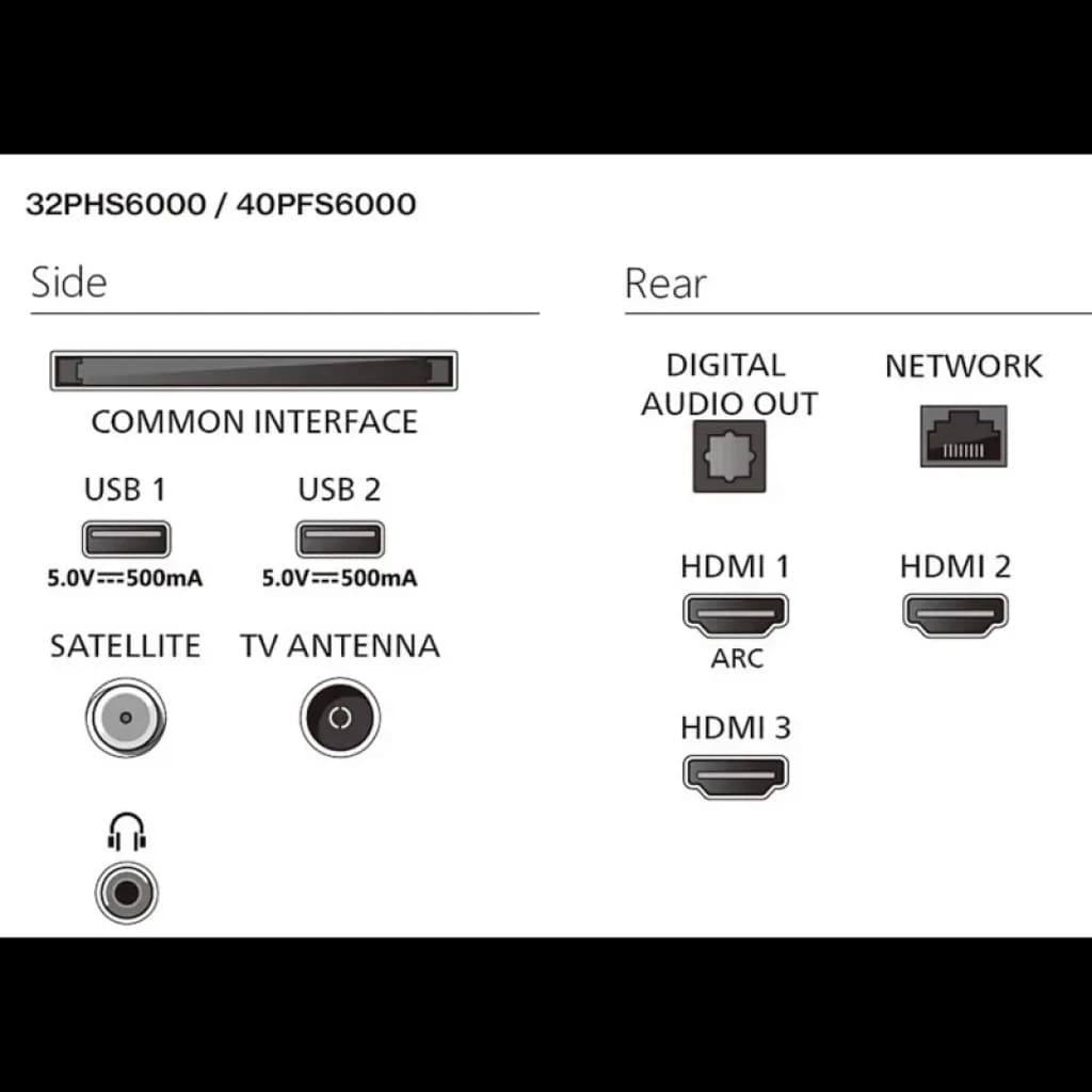 Philips 32PFS6000/12 32" Full HD HDR10 et Dolby Audio Noir – ports HDMI ARC, USB, audio numérique, réseau, satellite et antenne sur côtés et arrière