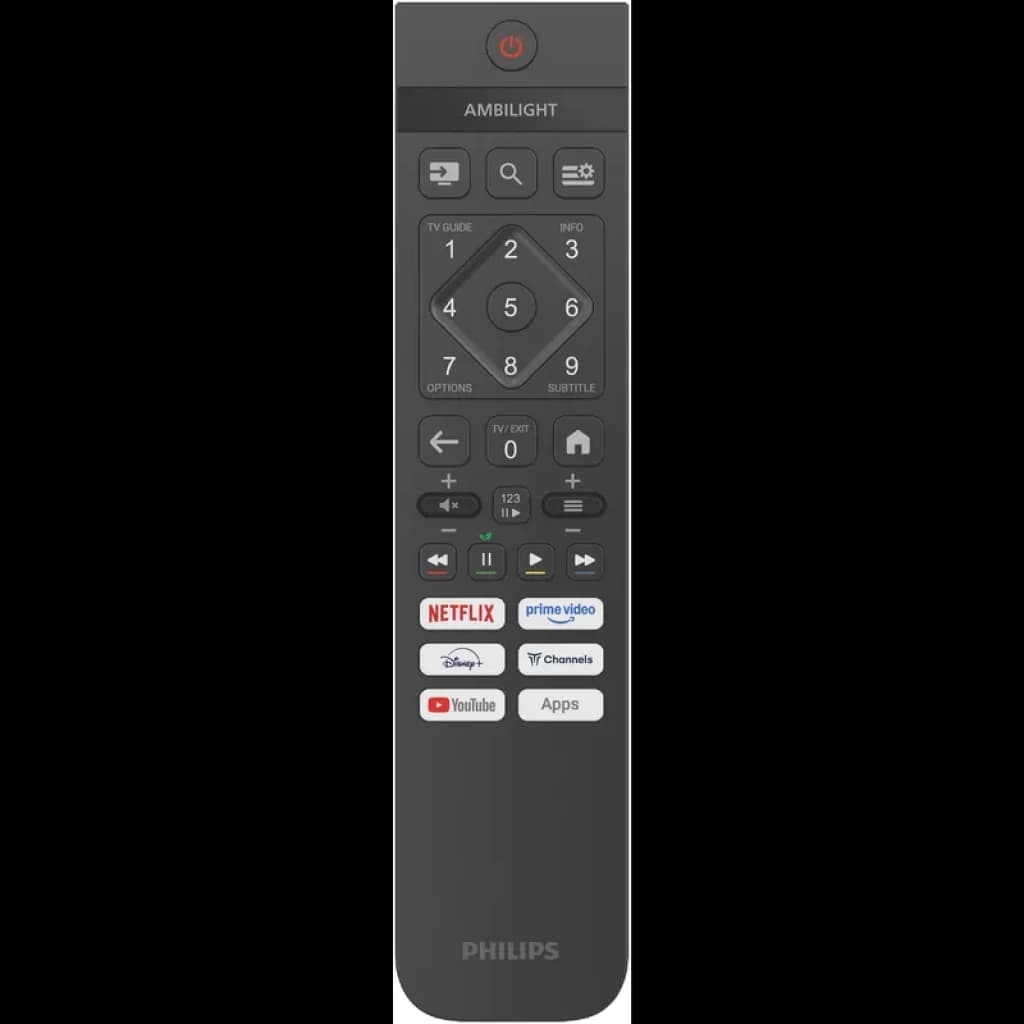 Télécommande Philips noire avec touches dédiées Netflix et Prime Video, pavé numérique, contrôle volume et navigation, design mince et ergonomique