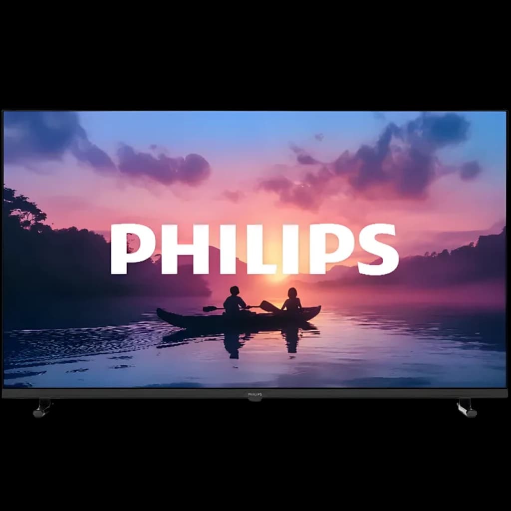 Philips 32PFS6000/12 32 pouces Full HD noir, écran plat aux bords fins affichant un coucher de soleil HDR10, audio Dolby immersif, design minimaliste élégant
