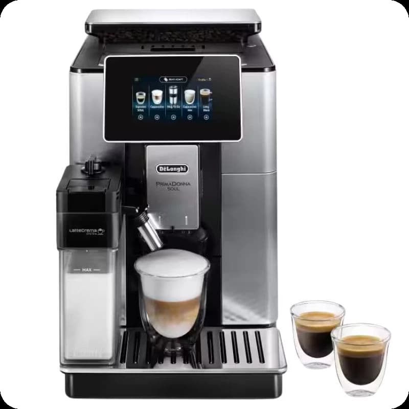 DeLonghi PrimaDonna Soul ECAM 610.55.SB em inox com ecrã táctil, espumador de leite LatteCrema, bico duplo e copos de espresso incluídos