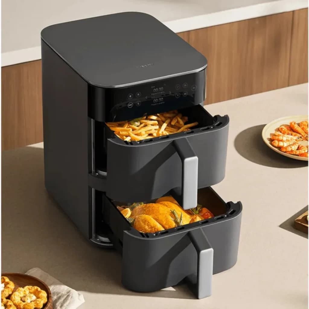 Xiaomi Smart Double Stack Air Fryer 12L avec deux tiroirs indépendants, panneau tactile LED, cuisson simultanée frites et poulet, design noir moderne
